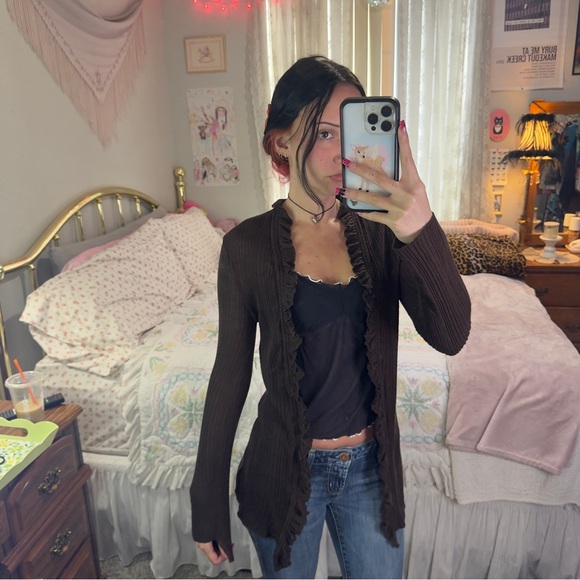Say What? Sweaters - Y2K Brown Ruffled Cardigan
